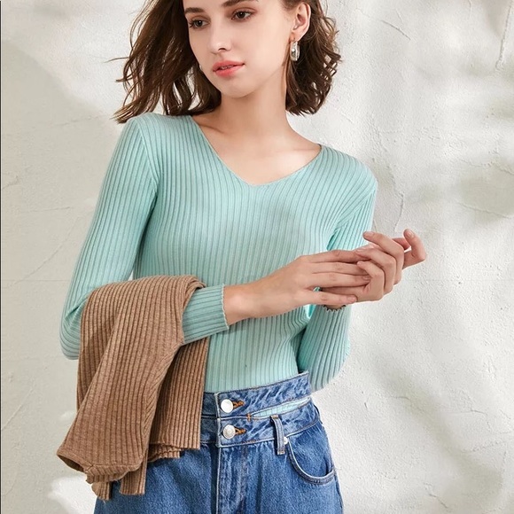 Thin sweater knit ribbed shirt v-neck khaki brown long sleeve basic top - Picture 3 of 6